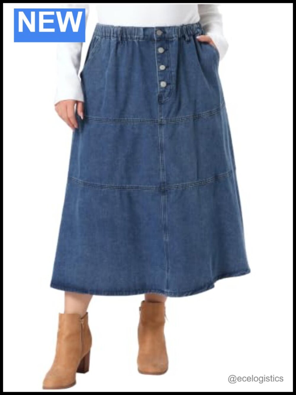 Plus Size Tiered Denim Midi Skirt A-Line High Rise Button Front